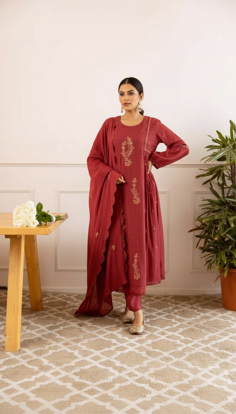 Mul Chanderi Suit Set- Fuchsia