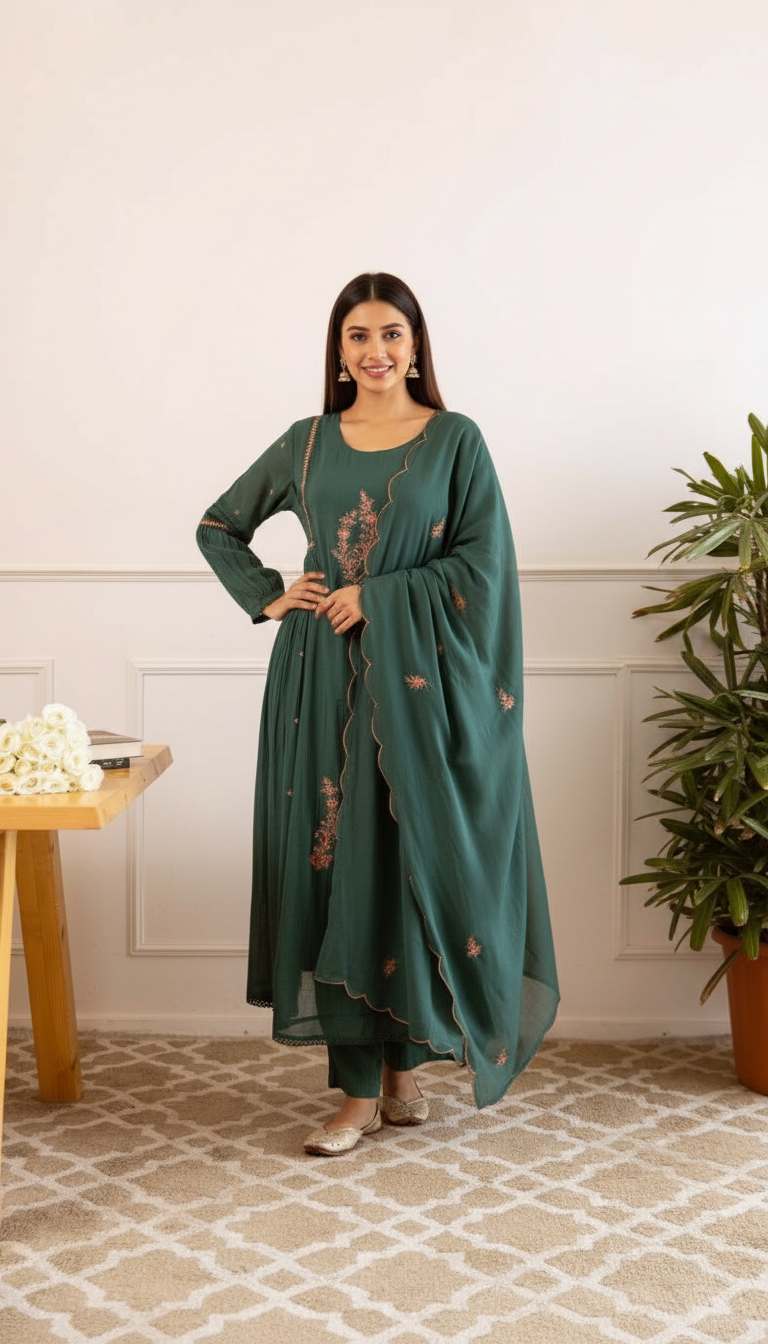 Mul Chanderi Suit Set- Green