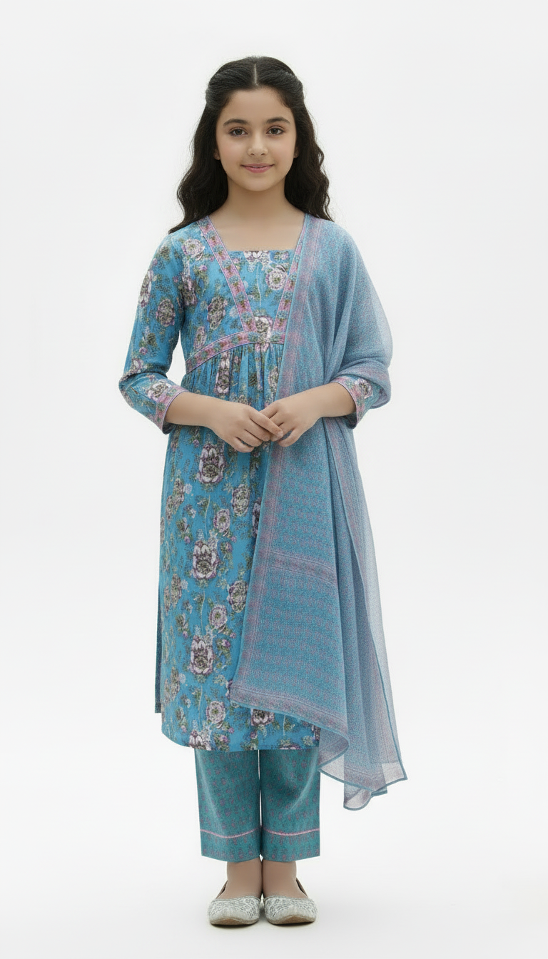 Kids Kurti Set Blue Aura Floral