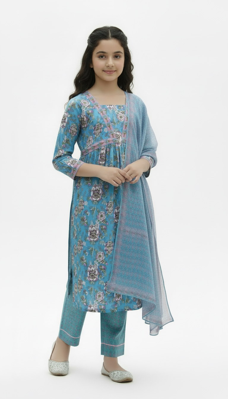 Kids Kurti Set Blue Aura Floral