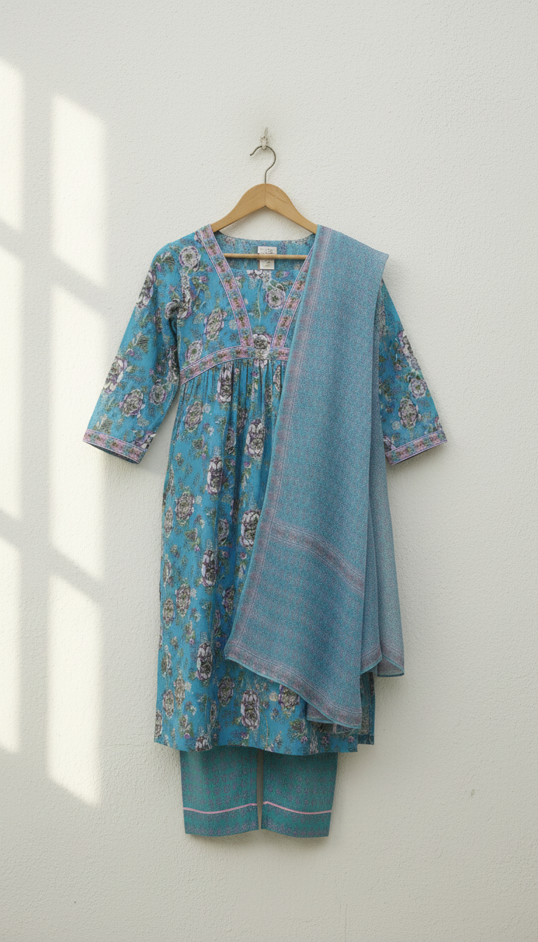 Kids Kurti Set Blue Aura Floral